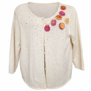 Sigrid Olsen 1X Cream Linen Blend Knit Cardigan Floral Appliqué Boho